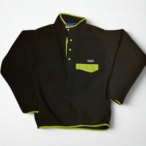 Patagonia Synchilla Black Neon Green Fleece Snap-T Vntg 2015 MEDIUM Rare Color